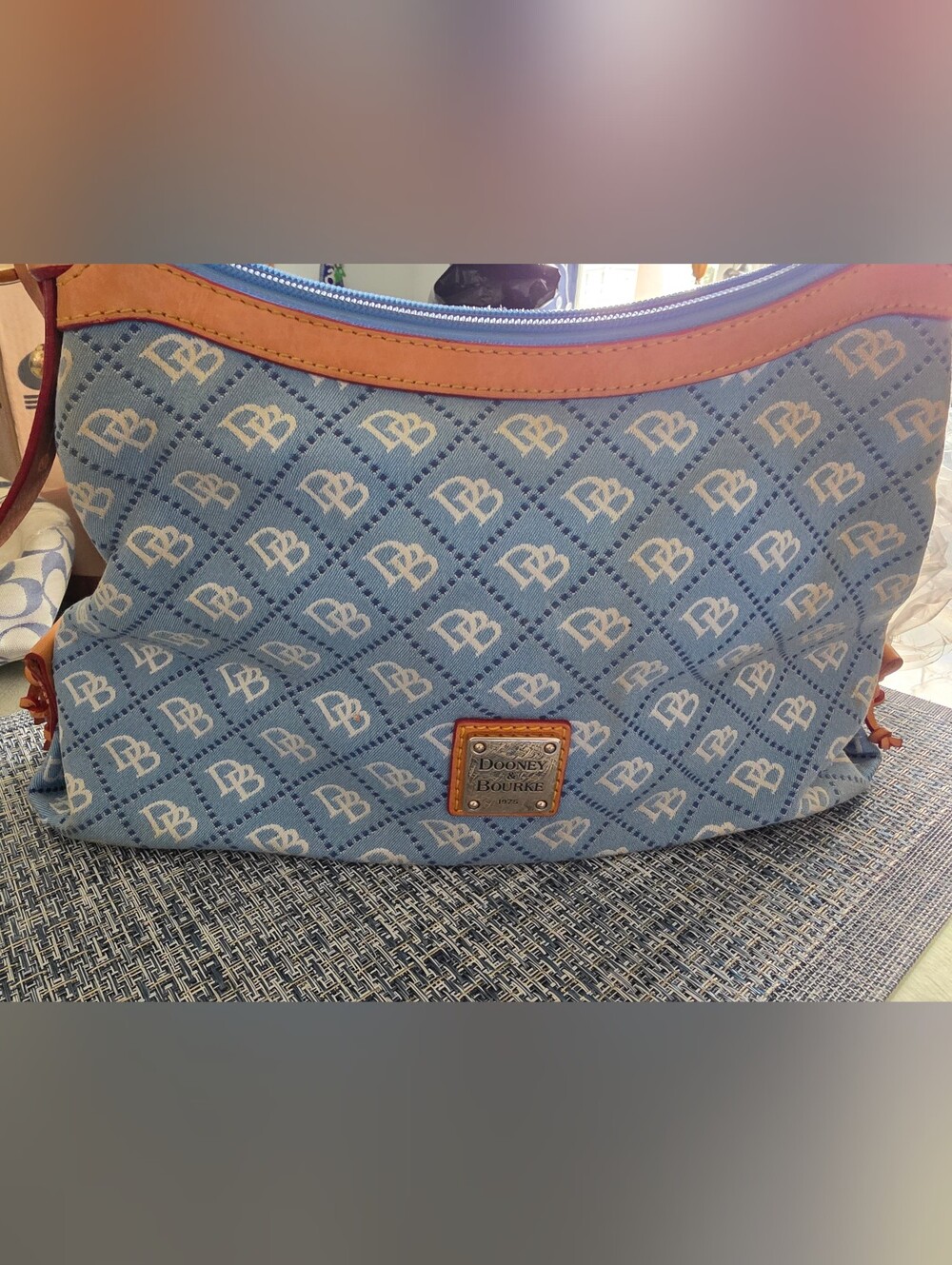 Dooney & Bourke Light Blue Logo Shoulder Bag with Tan Trim